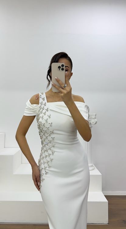 Kemik Kayık Yaka Kalem Abiye Elbise