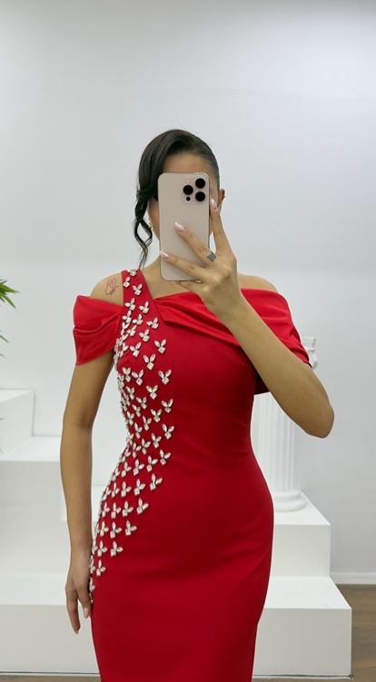 Red Boat Neck Pencil Evening Dress