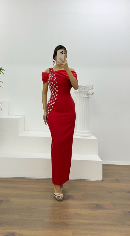 Red Boat Neck Pencil Evening Dress