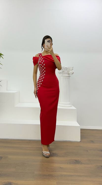 Red Boat Neck Pencil Evening Dress
