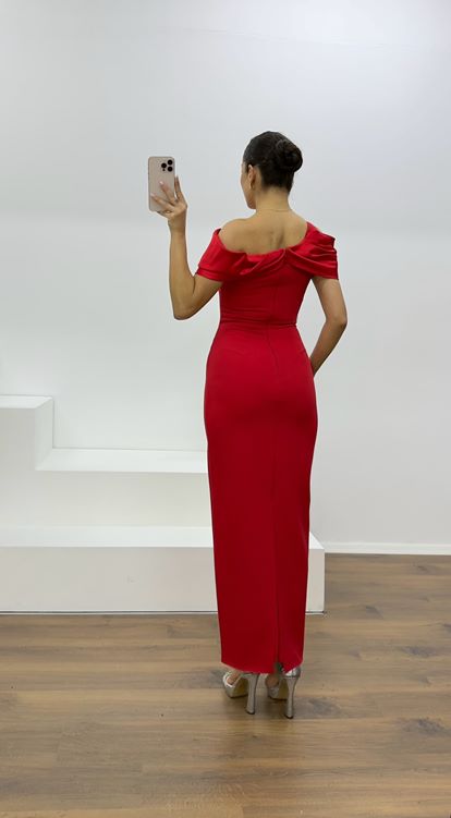 Red Boat Neck Pencil Evening Dress