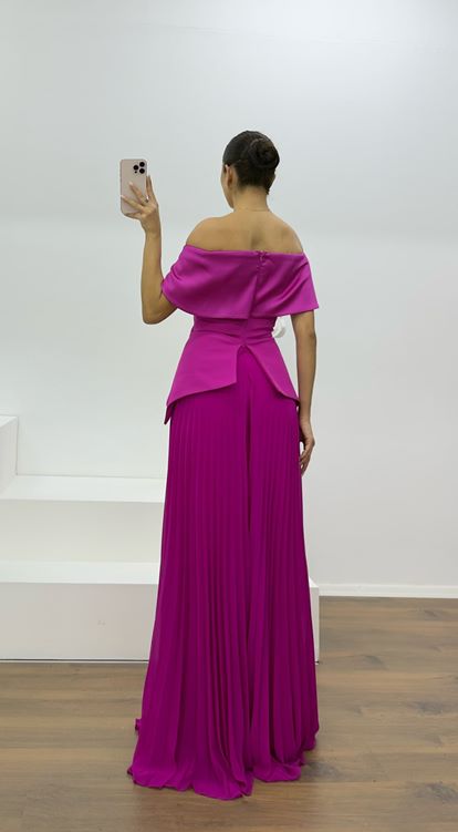 Fuchsia Boat Neck Pleated Evening Jumpsuit