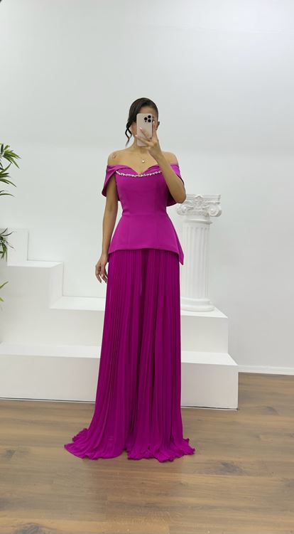 Fuchsia Boat Neck Pleated Evening Jumpsuit