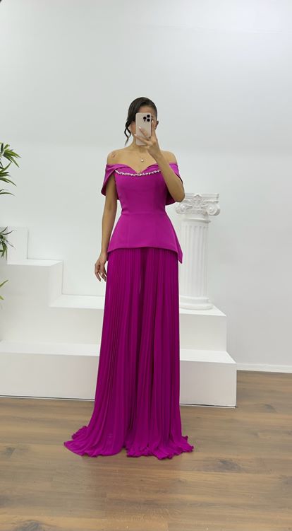 Fuchsia Boat Neck Pleated Evening Jumpsuit