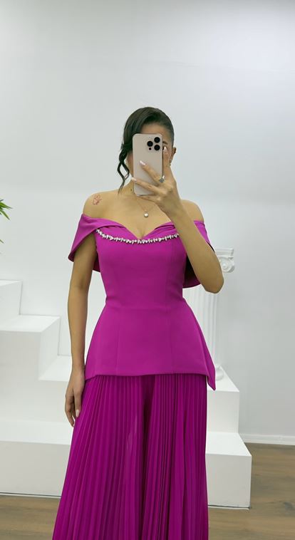 Fuchsia Boat Neck Pleated Evening Jumpsuit