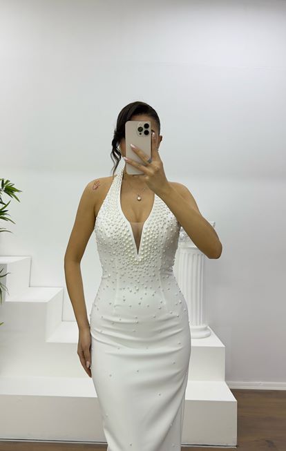 Bone Halter Neck Pearl Detail Evening Dress