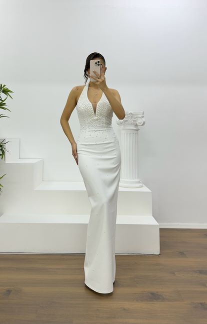 Bone Halter Neck Pearl Detail Evening Dress