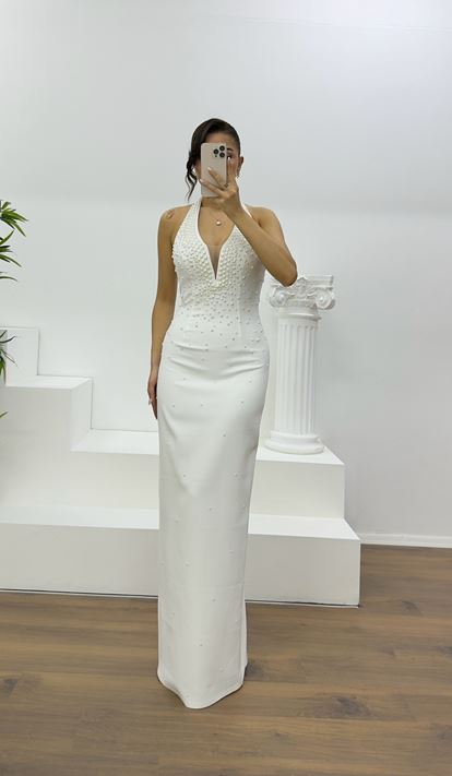 Bone Halter Neck Pearl Detail Evening Dress