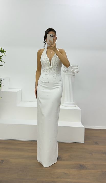 Bone Halter Neck Pearl Detail Evening Dress