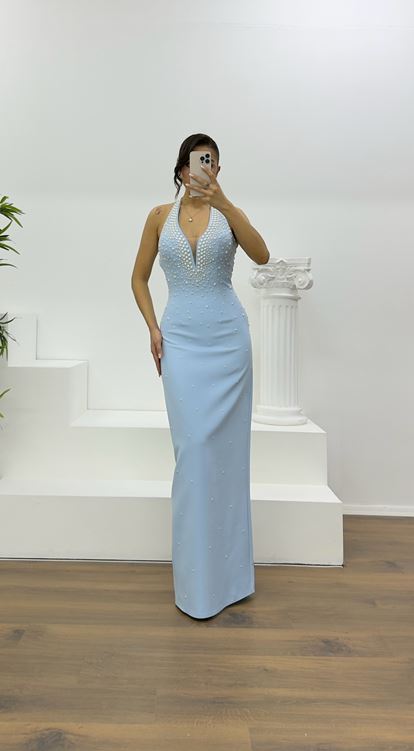 Baby Blue Halter Neck Pearl Detail Evening Dress