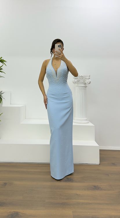 Baby Blue Halter Neck Pearl Detail Evening Dress