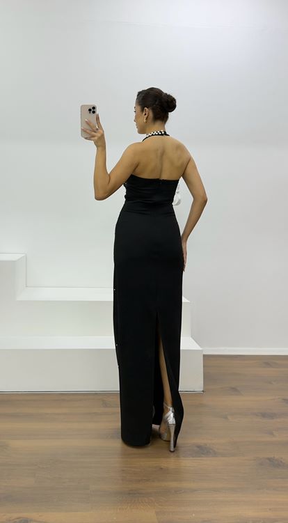 Black Halter Neck Evening Dress with Pearl Details