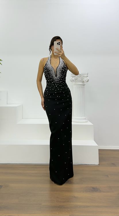 Black Halter Neck Evening Dress with Pearl Details
