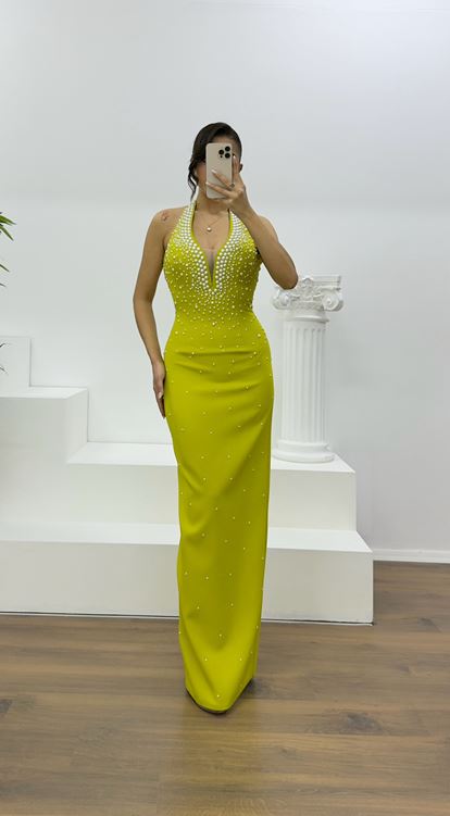 Pistachio Green Halter Neck Evening Dress with Pearl Details