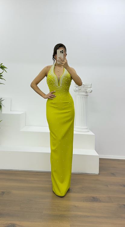Pistachio Green Halter Neck Evening Dress with Pearl Details