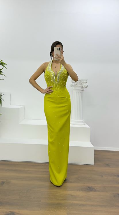 Pistachio Green Halter Neck Evening Dress with Pearl Details