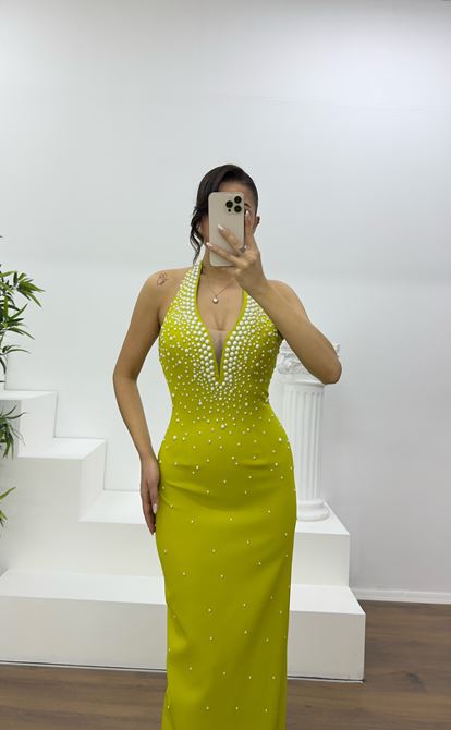 Pistachio Green Halter Neck Evening Dress with Pearl Details
