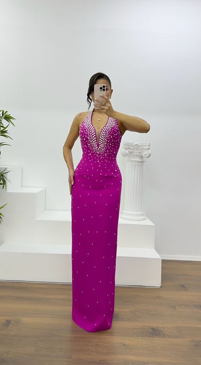 Fuchsia Halter Neck Pearl Detail Evening Dress