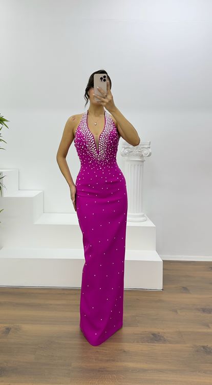 Fuchsia Halter Neck Pearl Detail Evening Dress