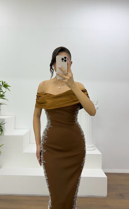 Brown Boat Neck Evening Dress with Stone Embellishments