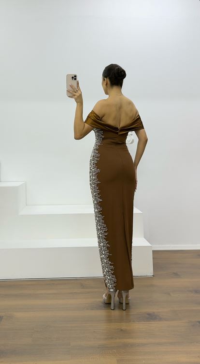 Brown Boat Neck Evening Dress with Stone Embellishments