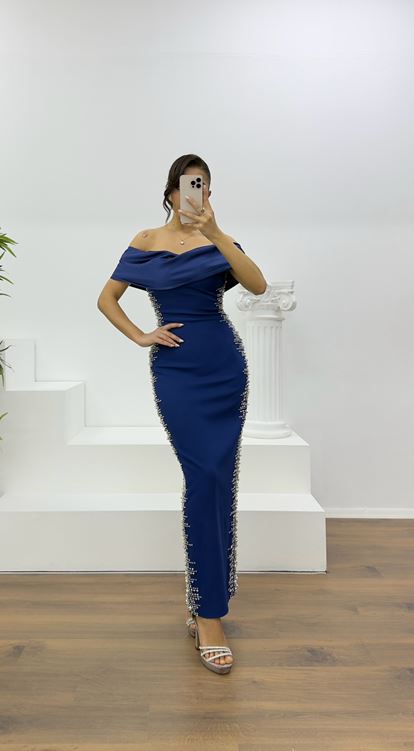 Lacivert Kayık Yaka Taş Detaylı Abiye Elbise