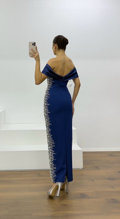 Lacivert Kayık Yaka Taş Detaylı Abiye Elbise