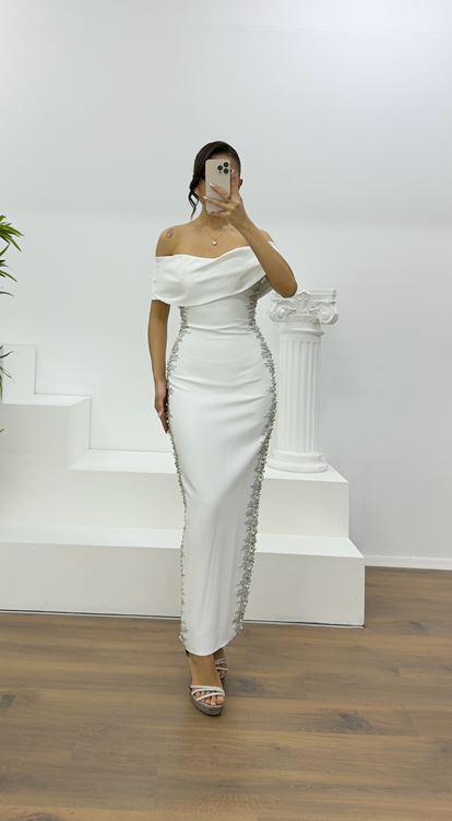 Bone Boat Neck Evening Dress with Stone Embellishments