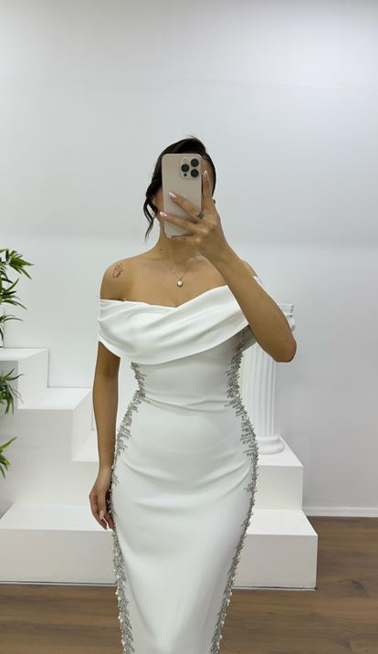 Bone Boat Neck Evening Dress with Stone Embellishments