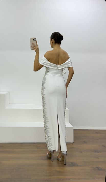 Bone Boat Neck Evening Dress with Stone Embellishments