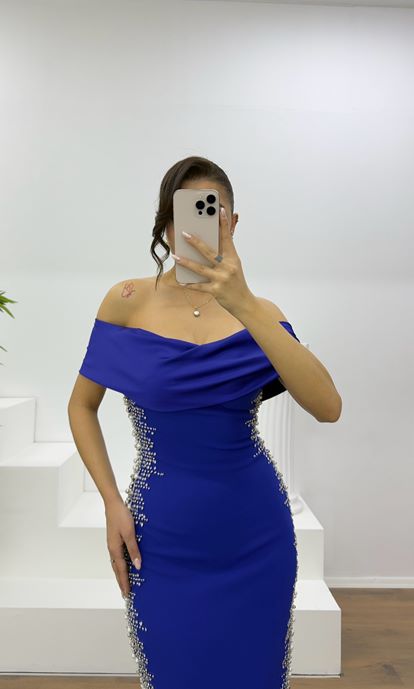 Saks Boat Neck Evening Dress with Stone Details