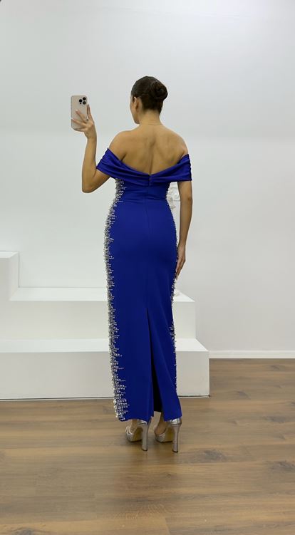 Saks Boat Neck Evening Dress with Stone Details