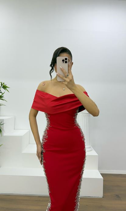 Red Boat Neck Evening Dress with Stone Embellishments