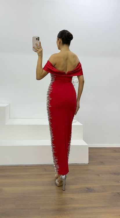 Red Boat Neck Evening Dress with Stone Embellishments