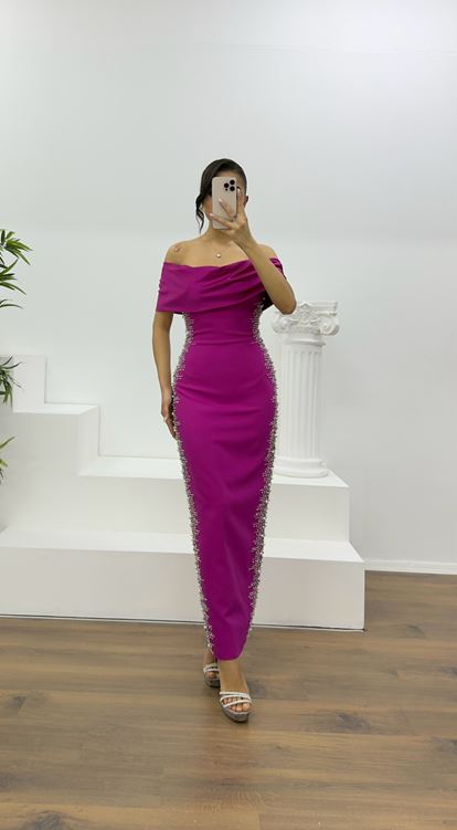 Fuchsia Boat Neck Evening Dress with Stone Embellishments