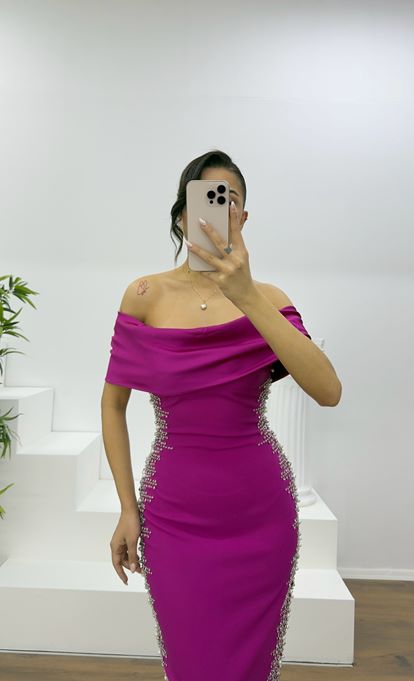 Fuchsia Boat Neck Evening Dress with Stone Embellishments