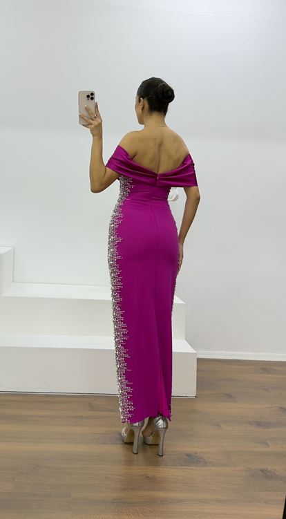 Fuchsia Boat Neck Evening Dress with Stone Embellishments