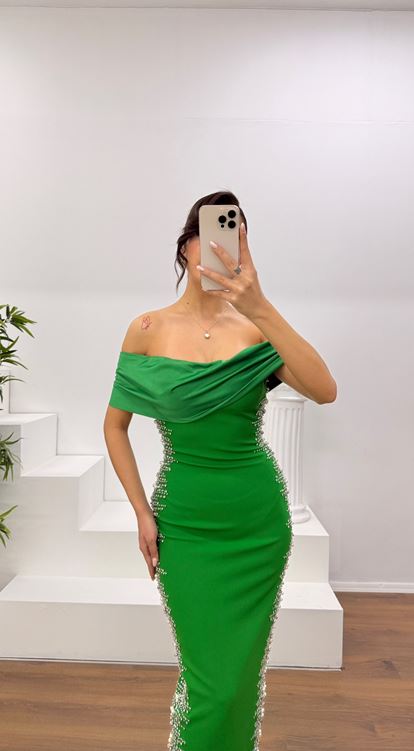 Benetti Boat Neck Evening Dress with Stone Embellishments