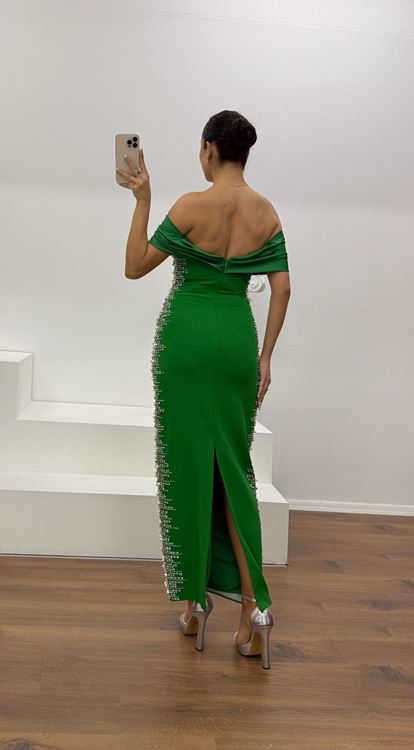 Benetti Boat Neck Evening Dress with Stone Embellishments