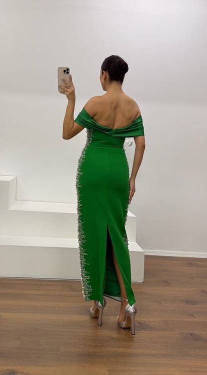 Benetti Boat Neck Evening Dress with Stone Embellishments