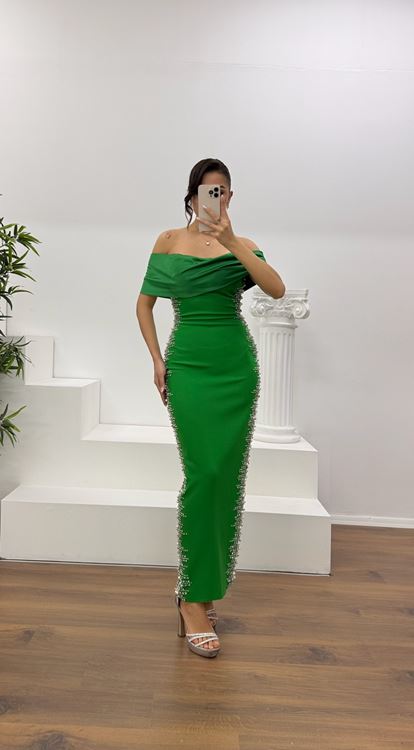 Benetti Boat Neck Evening Dress with Stone Embellishments