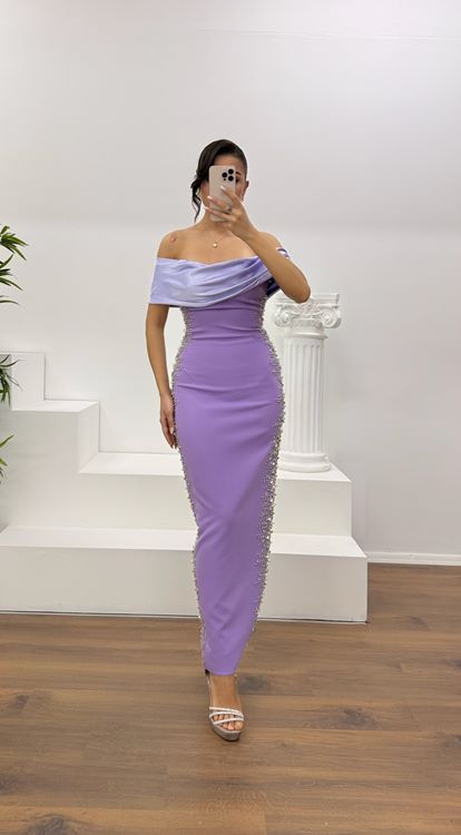 Lilac Boat Neck Evening Dress with Stone Embellishments