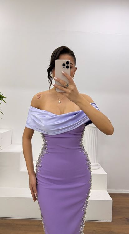 Lilac Boat Neck Evening Dress with Stone Embellishments