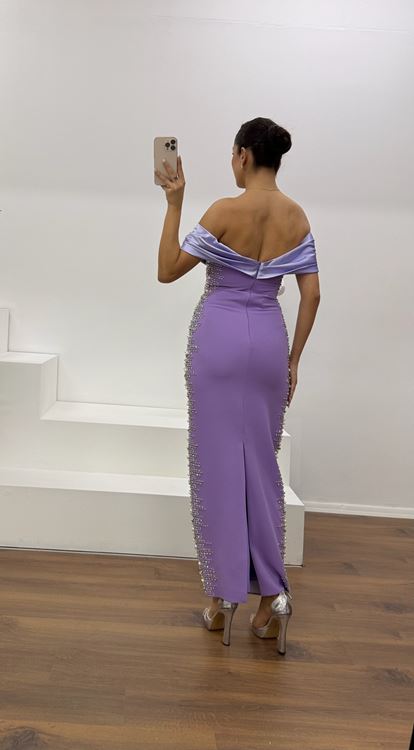 Lilac Boat Neck Evening Dress with Stone Embellishments