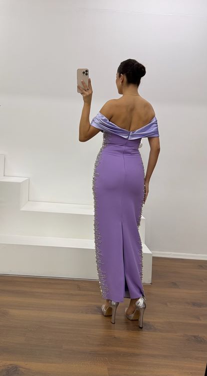 Lilac Boat Neck Evening Dress with Stone Embellishments