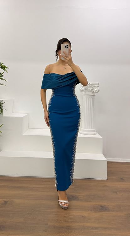 Petrol Boat Neck Evening Dress with Stone Details