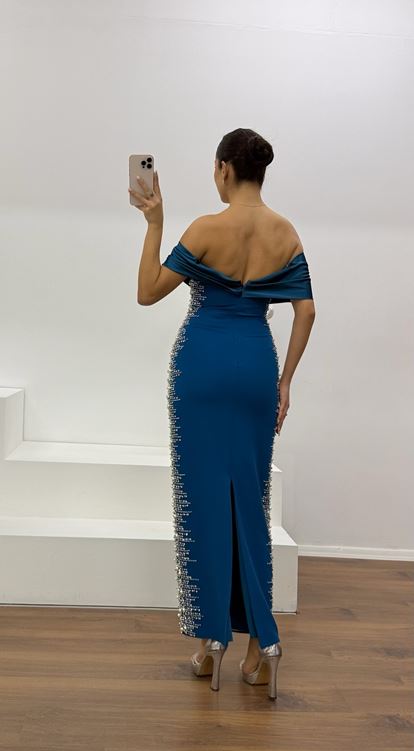 Petrol Boat Neck Evening Dress with Stone Details