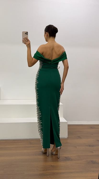Emerald Boat Neck Evening Dress with Stone Details