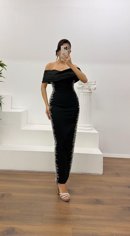 Black Boat Neck Evening Dress with Stone Embellishments