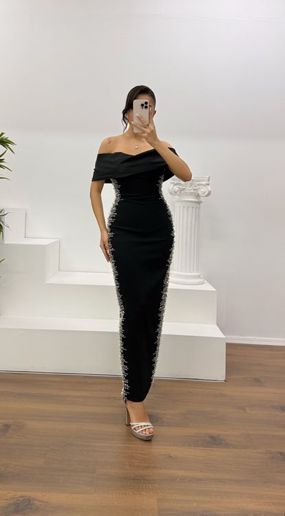 Black Boat Neck Evening Dress with Stone Embellishments